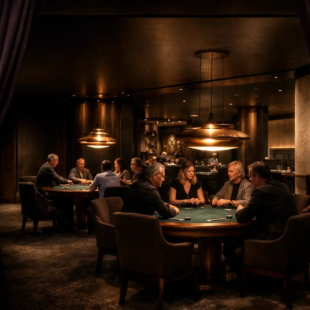 Guests gathered around several physical poker tables in Velvet Pavilion's low-lit Card Lounge