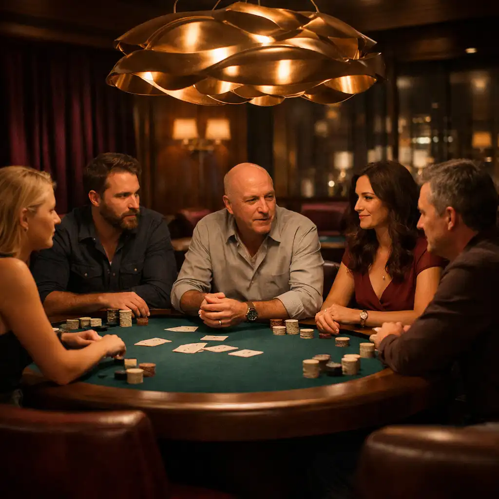 Adults seated face-to-face around one complete physical poker table under a bronze pendant light