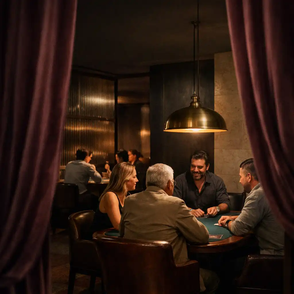 View through plum velvet curtains toward guests at a physical poker table in the Card Lounge
