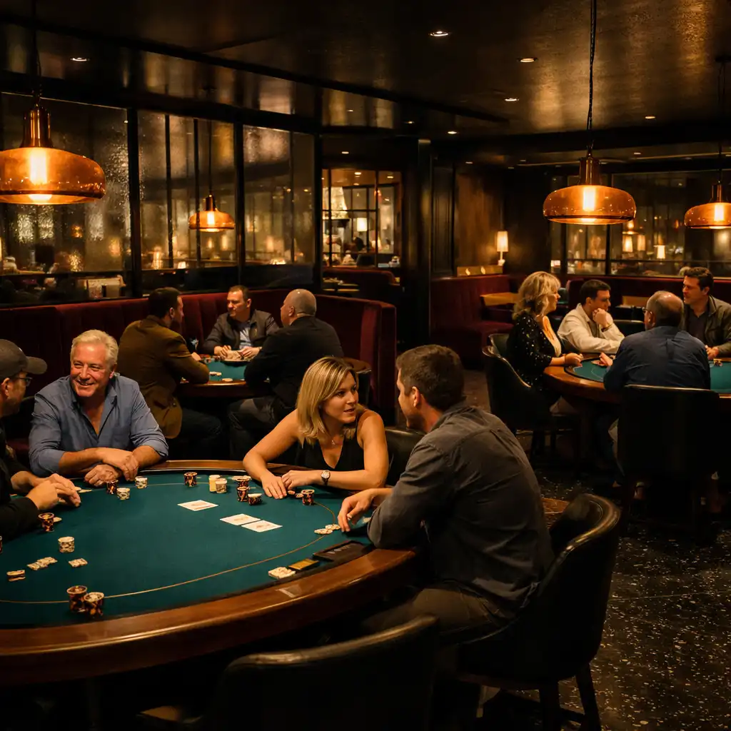 Wide Velvet Pavilion Card Lounge scene with several Deep Lagoon felt poker tables and groups playing face-to-face beneath warm lights.