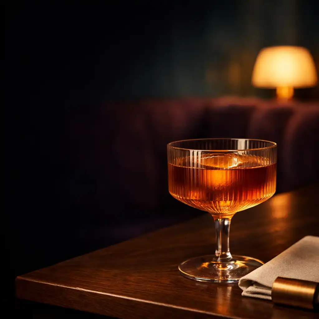 Amber cocktail in ribbed smoked glass on a dark walnut table under warm pendant light at Velvet Pavilion.