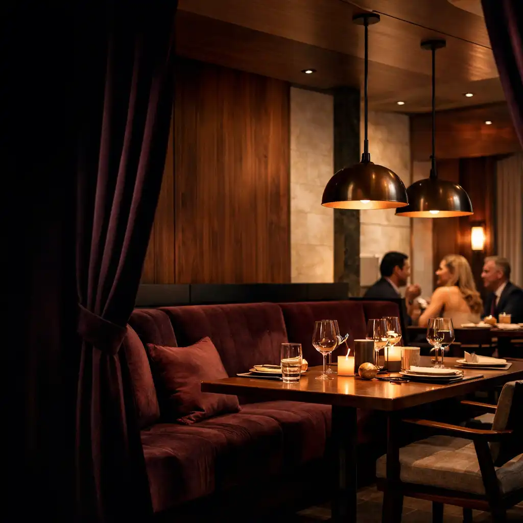 Warmly lit Velvet Pavilion dining room in Perth with plum velvet seating, contemporary table settings and dark walnut details.