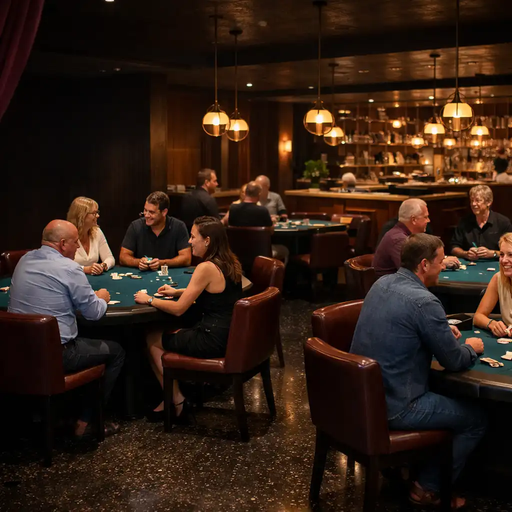 Guests gathered face-to-face at several Deep Lagoon felt physical poker tables