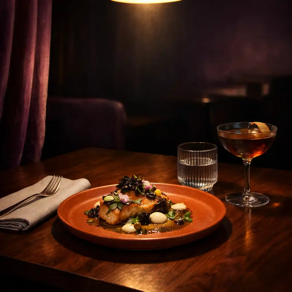 Contemporary Australian dish, cocktail and linen on a warmly lit dining table