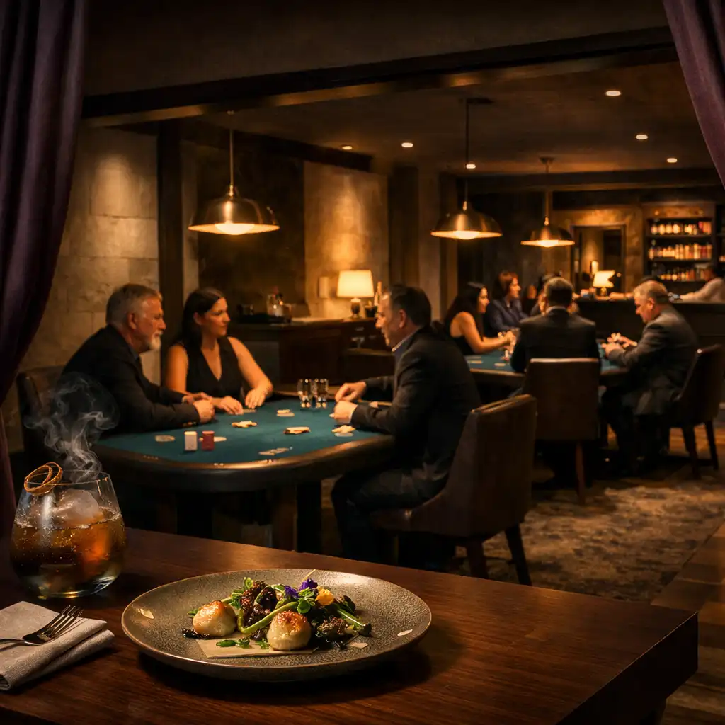 Dining table and several physical poker tables in Velvet Pavilion's warmly lit Card Lounge