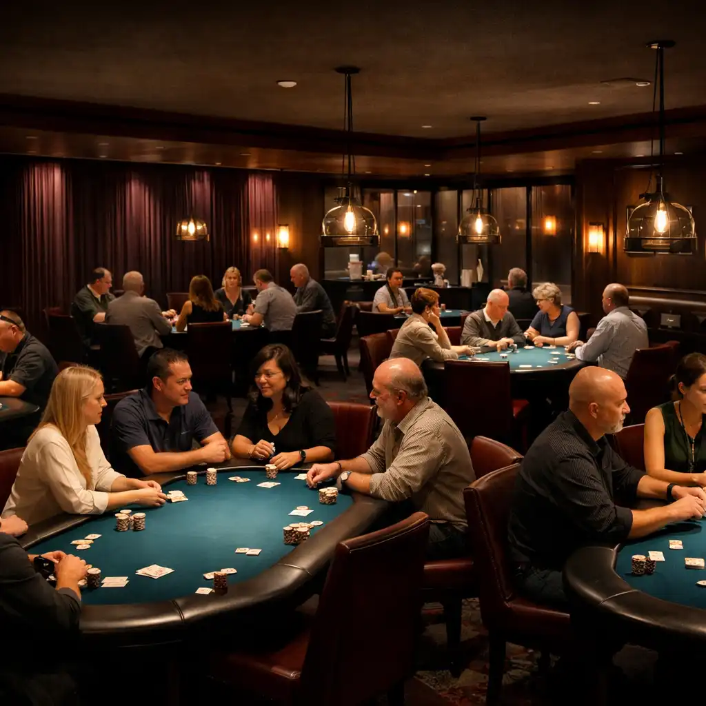 Several physical poker tables with guests talking and playing face-to-face in a warm, velvet-framed Card Lounge.