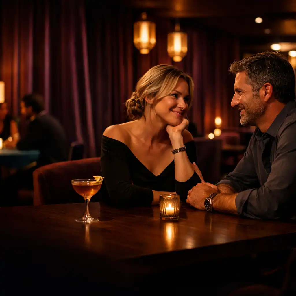 Two guests talking at a softly lit restaurant table with a cocktail as part of the evening setting.