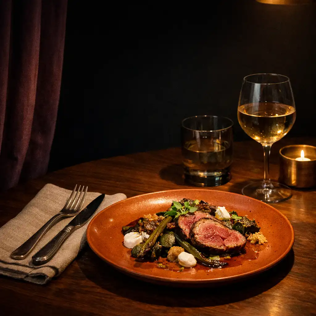 An elegant plated dish on a warmly lit restaurant table framed by deep plum velvet.