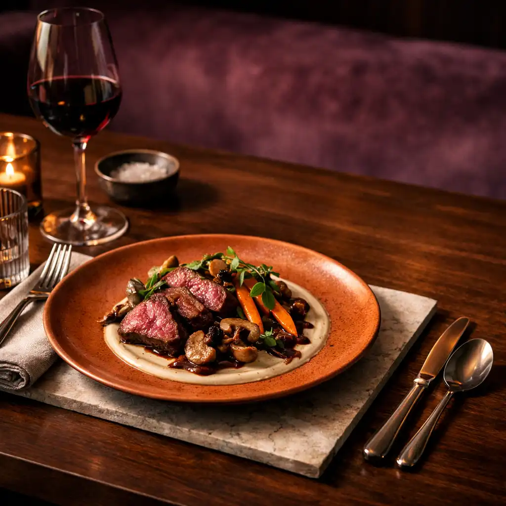 A contemporary plated dish with linen and smoked glass on a dark timber dinner table.