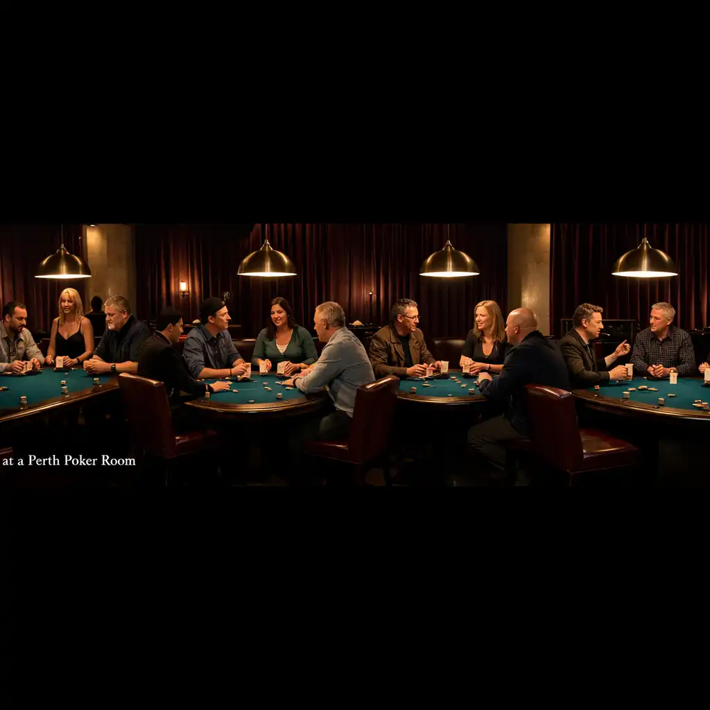 Several complete physical poker tables with guests gathered face-to-face in Velvet Pavilion’s late-evening Card Lounge.