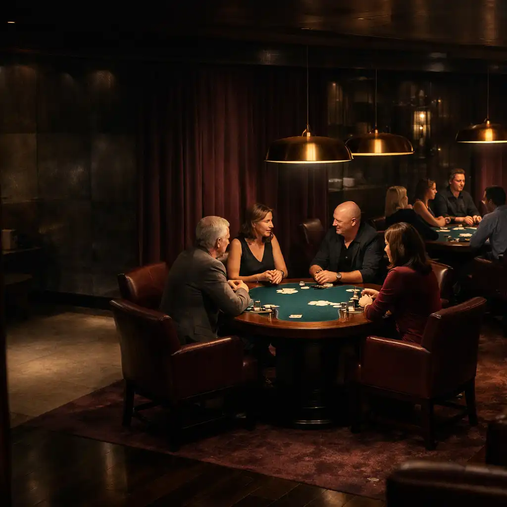 Several guests gathered face-to-face around physical poker tables in Velvet Pavilion’s Perth Card Lounge.