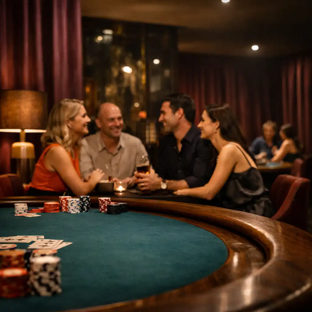 Guests in conversation across a complete Deep Lagoon felt poker table in a velvet-rich Card Lounge.