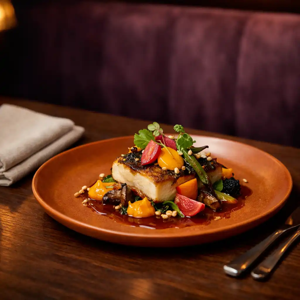 Contemporary Australian plated dish on burnt apricot ceramic with natural linen and warm evening light at Velvet Pavilion.