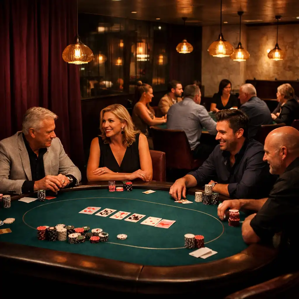 Multiple complete poker tables and groups of adult guests in an elegant Velvet Pavilion Card Lounge