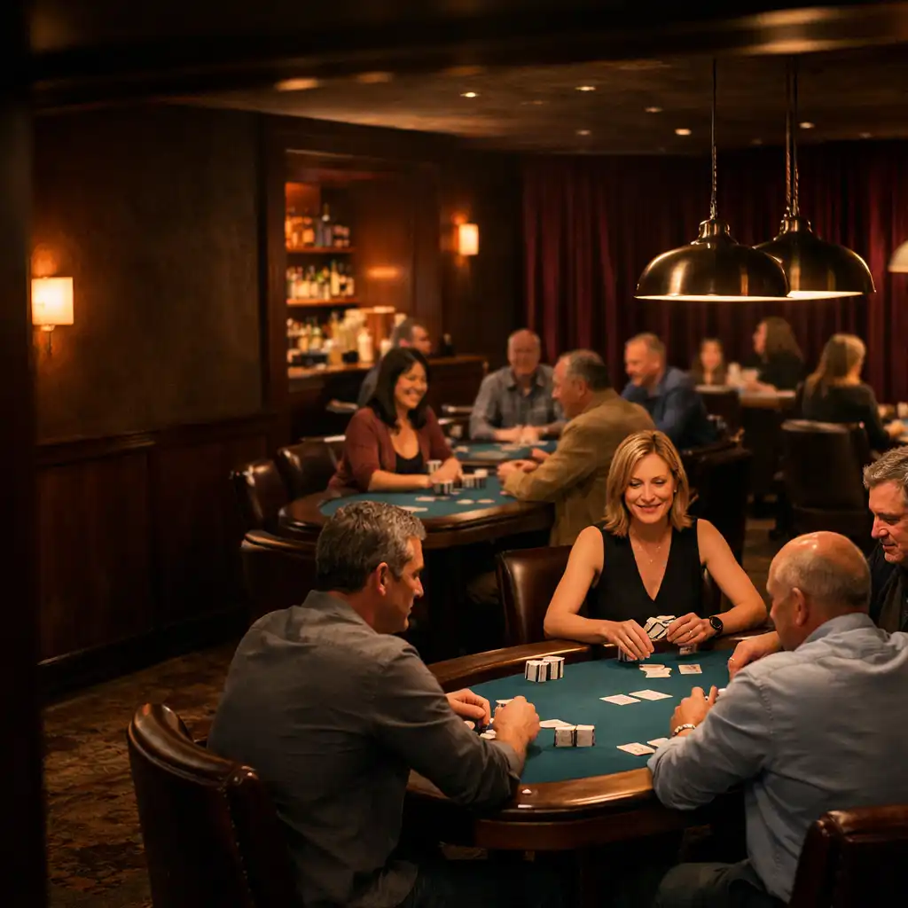 Several complete physical poker tables with adult guests talking face-to-face in Velvet Pavilion’s Card Lounge