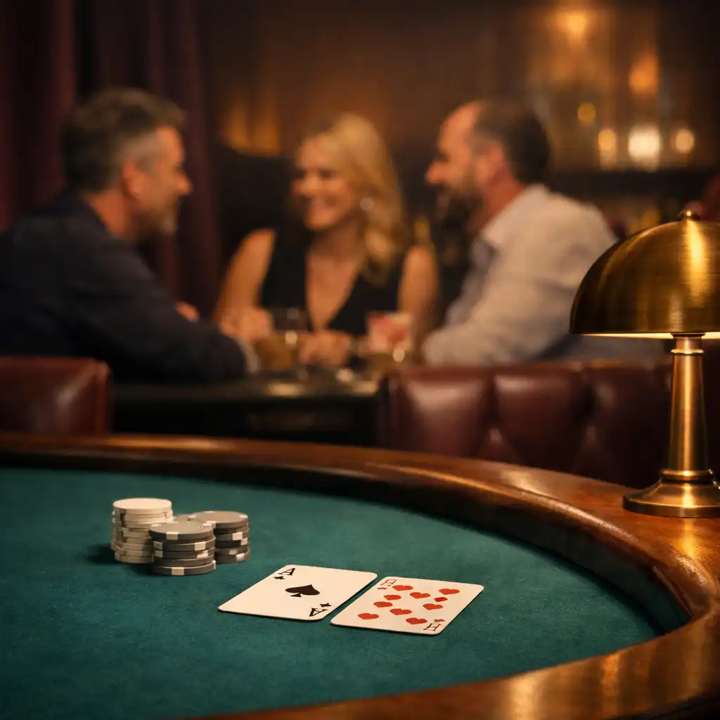 A complete Deep Lagoon felt poker table with walnut edge and adult guests in conversation