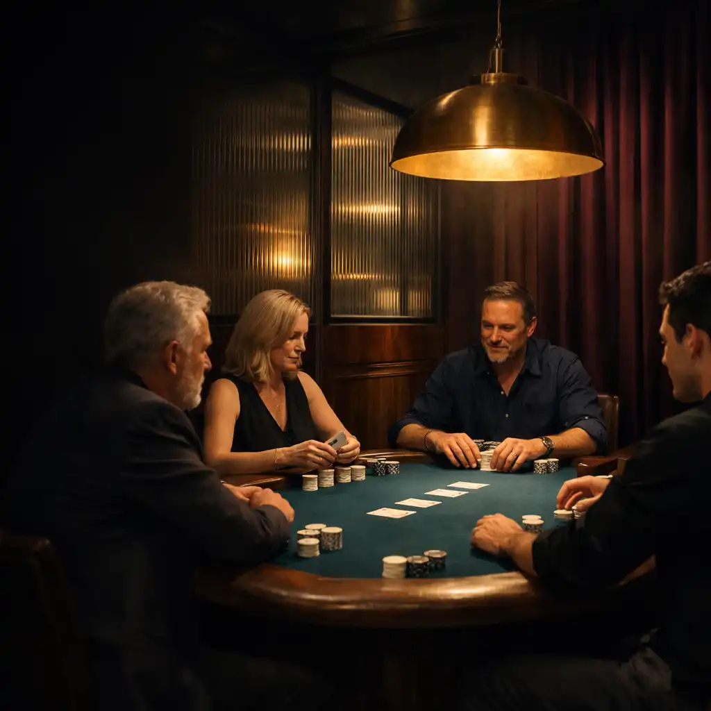 Several guests seated face-to-face around a complete Texas Hold’em table in the Card Lounge.