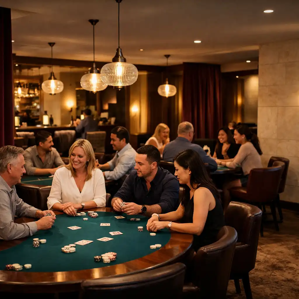Guests seated around several complete physical poker tables in Velvet Pavilion's warm, velvet-framed Card Lounge.
